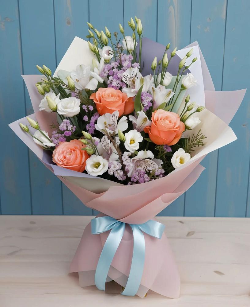 Букет Утренняя свежесть в Ноябрьск Букет цветов из: Лизиантусы, Розы, Альстромерии и Гипсофила в Ноябрьск