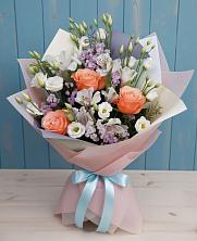 Букет Утренняя свежесть в Ноябрьск Букет цветов из:  Лизиантусы, Розы, Альстромерии и Гипсофила в Ноябрьск