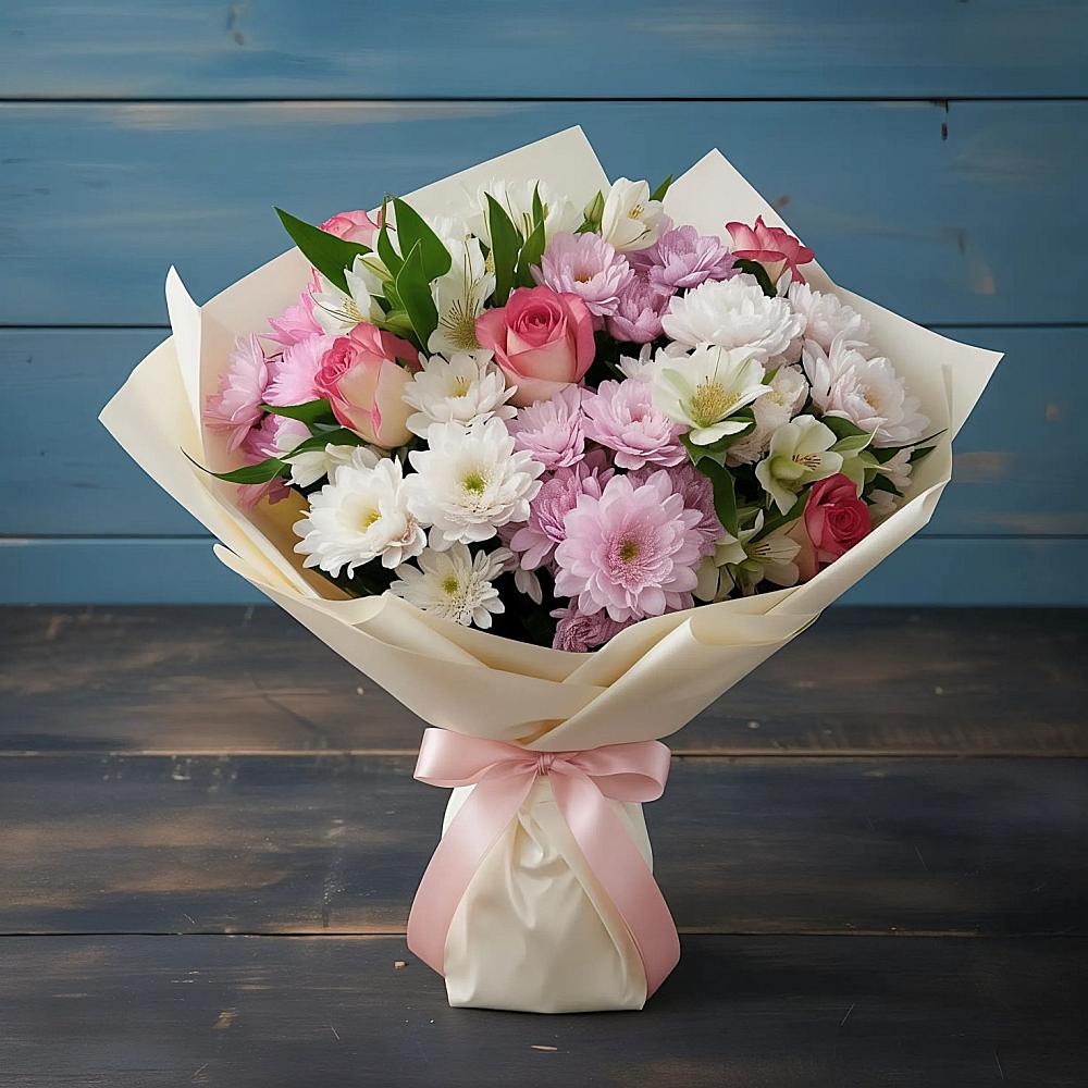 Букет Розовое очарование в Ноябрьск Букет цветов из: Хризантемы, Альстромерии и Розы в Ноябрьск
